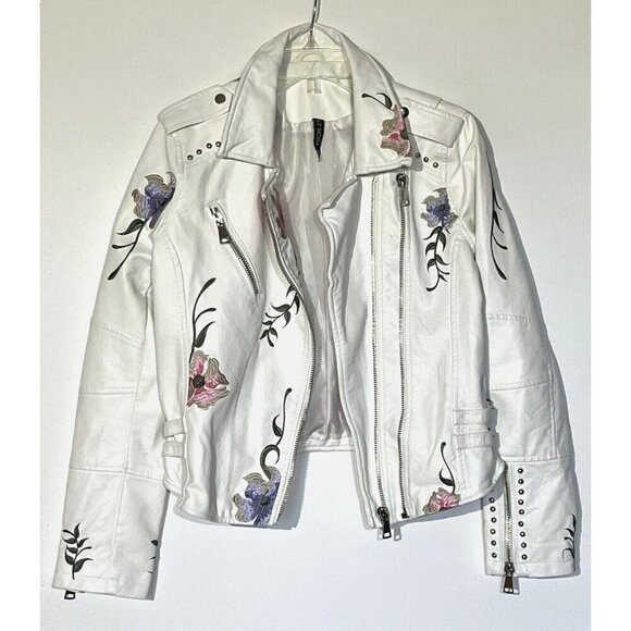 Faux Vegan Leather White Floral Embroidered Studded Zip Biker Moto Jacket - Picture 3 of 14